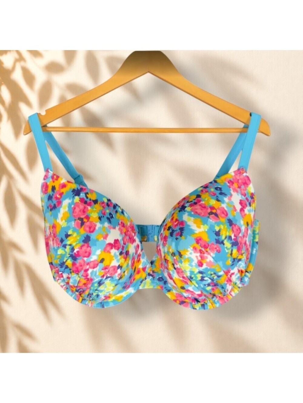 Cleo Bikini Top Women 38D Blue Floral Push Up Beach Underwired Hook & Eye Swim